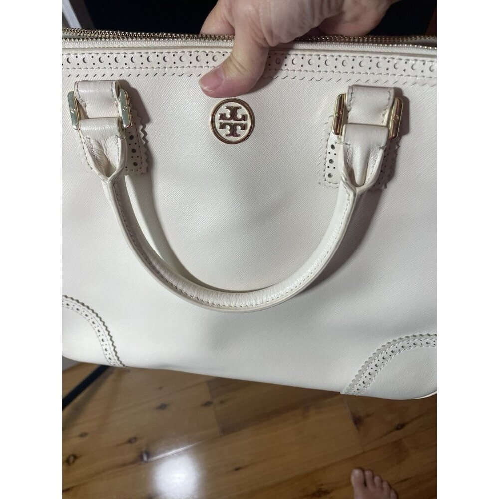 Tory Burch Cream Leather Laser-Cut Tote Bag Snap Top Handle Shoulder Purse - Picture 7 of 8